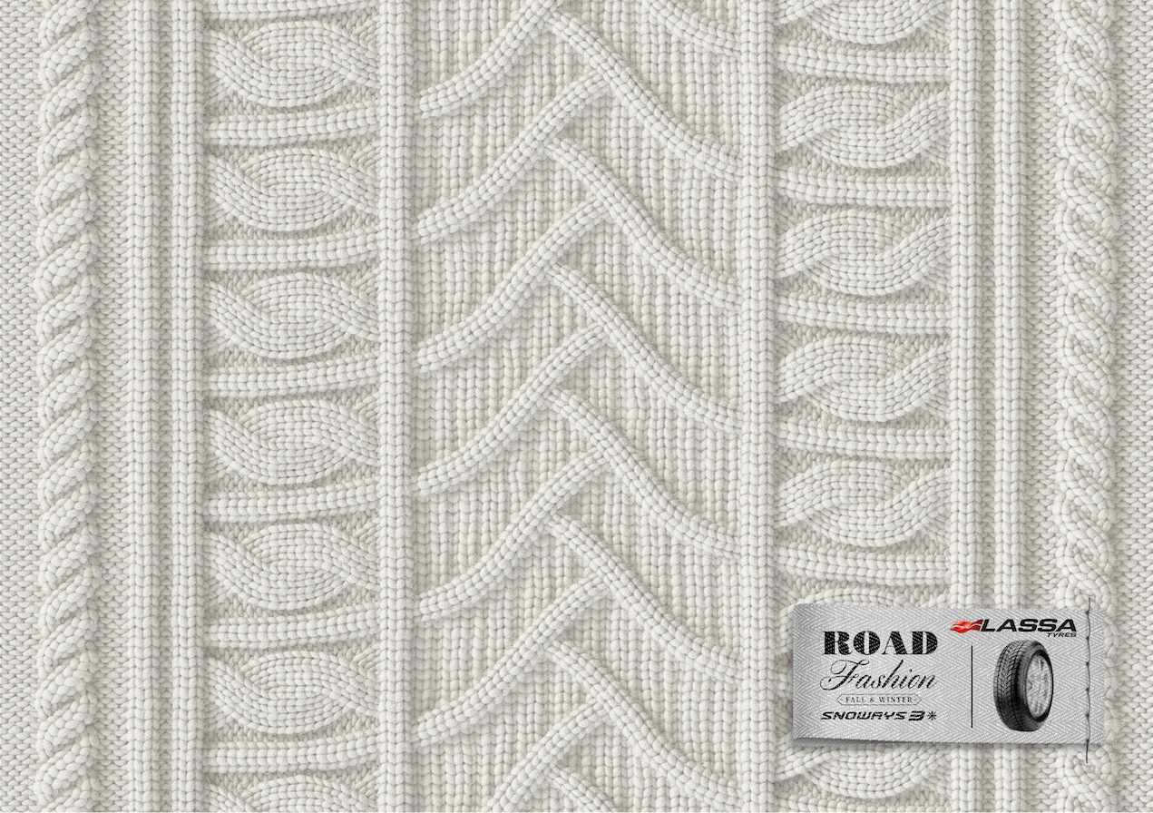 上海廣告設計公司廣告分享——國外Lassa Tyres拉沙輪胎平面廣告欣賞——毛衣效果廣告