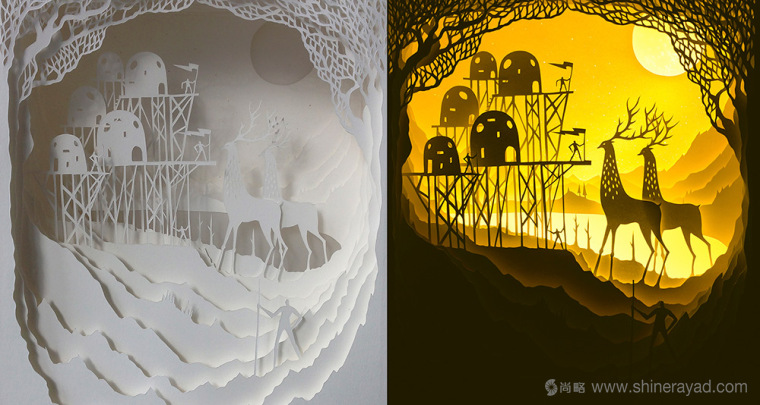 上海平面設計公司藝術修養：夢幻上古世界剪紙疊加設計藝術插畫欣賞2