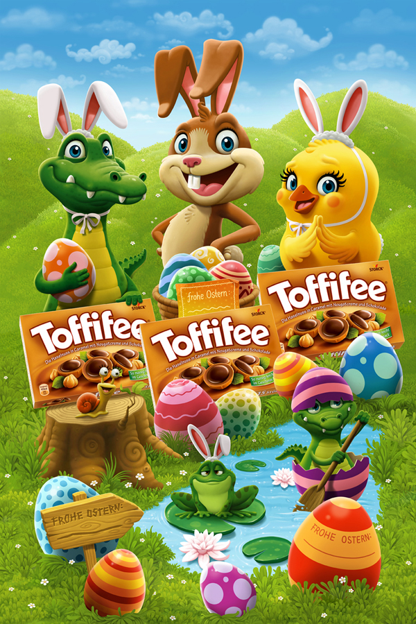 Toffifee 妃巧克力與杏仁奶油夾心軟糖鱷魚兔子小雞卡通形象設計、包裝設計1