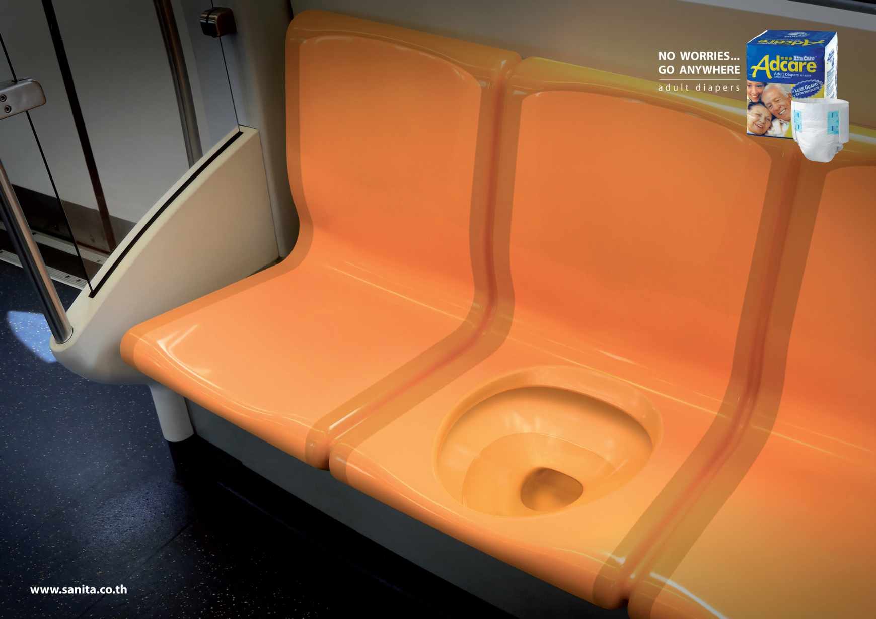 Adcare 成人紙尿褲創意平面廣告設計-上海廣告設計公司國外廣告欣賞3-地鐵座位篇