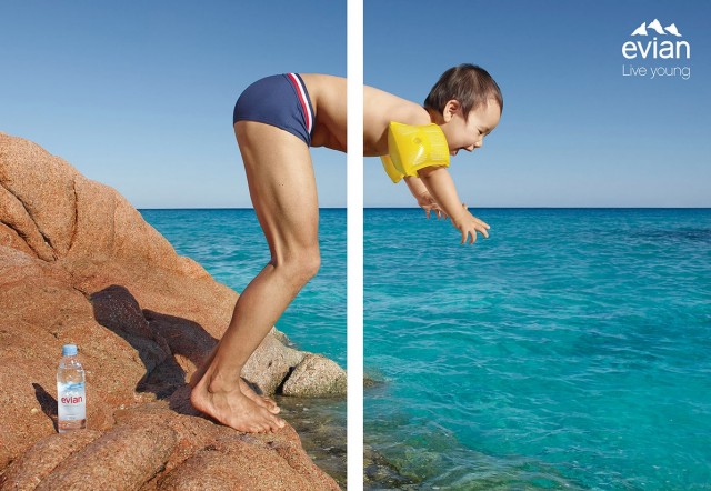 4.依云礦泉水一半身體年輕平面廣告創意設計-上海廣告設計公司廣告欣賞-跳水篇