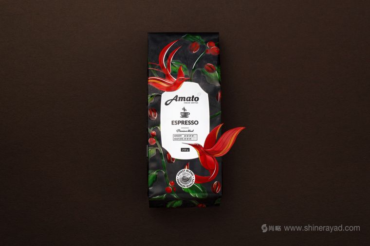 上海包裝設計公司欣賞：Amato花鳥插畫設計風格咖啡包裝設計2