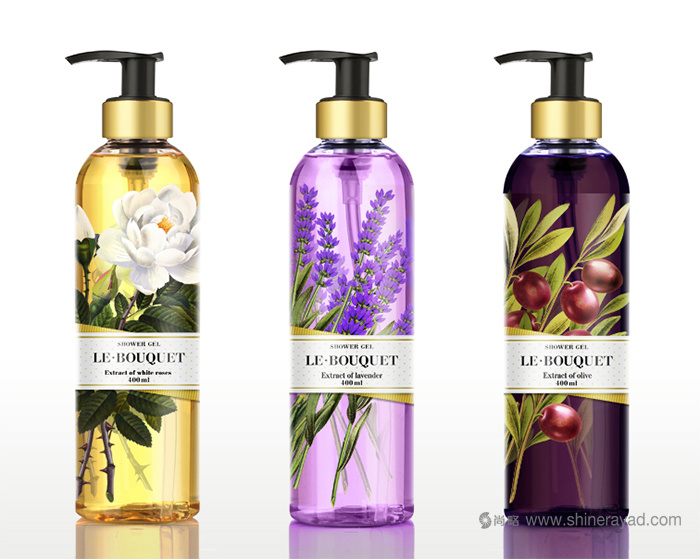 上海化妝品包裝設計公司欣賞：全彩印花朵插畫 Le Bouquet 品牌沐浴露包裝設計