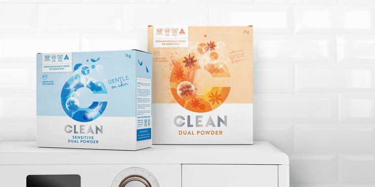 品牌C字母圖形風(fēng)格 DUAL CLEAN 洗衣粉洗衣劑包裝設(shè)計-上海包裝設(shè)計公司