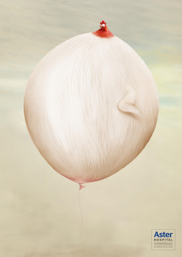 艾斯特醫院治療胃脹胃病平面廣告創意設計-膨脹的公雞-上海醫療平面廣告策劃設計公司