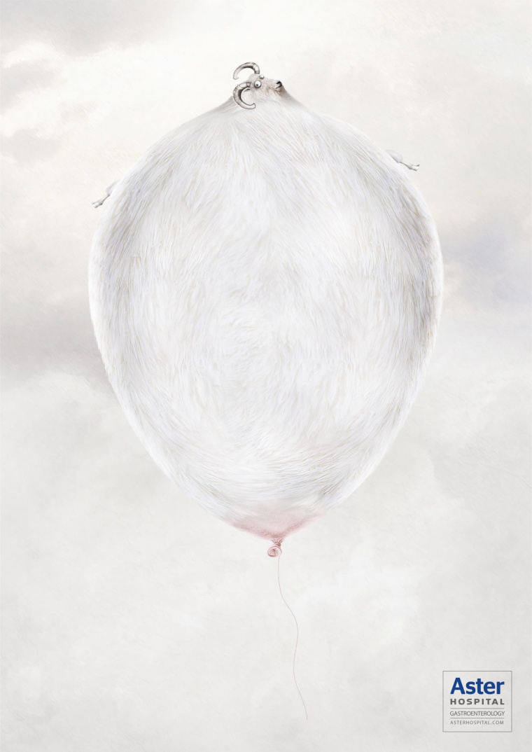 艾斯特醫院治療胃脹胃病平面廣告創意設計-膨脹的山羊-上海醫療平面廣告策劃設計公司