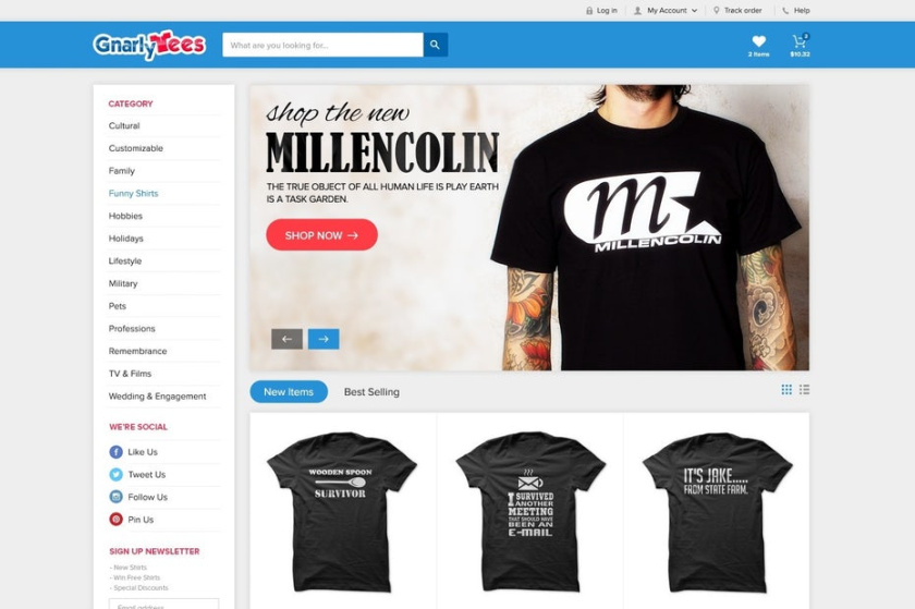 優秀電商網站設計的11個重要提示-使產品類別??易于導航-Gnarly Tees網站設計