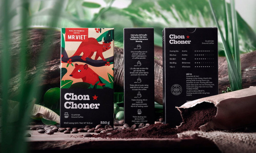 越南Chon Choner咖啡包裝設計，具有俏皮的動物插圖設計