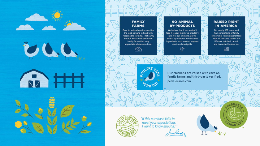 Perdue冷鮮雞肉品牌產品包裝設計插畫，展現了標志性的農場情景
