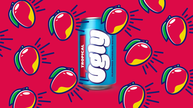 動漫插畫風格Ugly蘇打水飲料包裝設計，不僅僅是飲料，而是一種生活方式