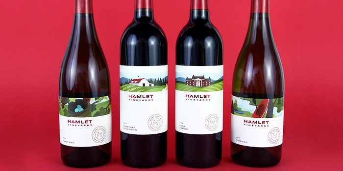 哈姆雷特葡萄酒品牌包裝設計，葡萄園自定義風景插畫與手工刻字的結合