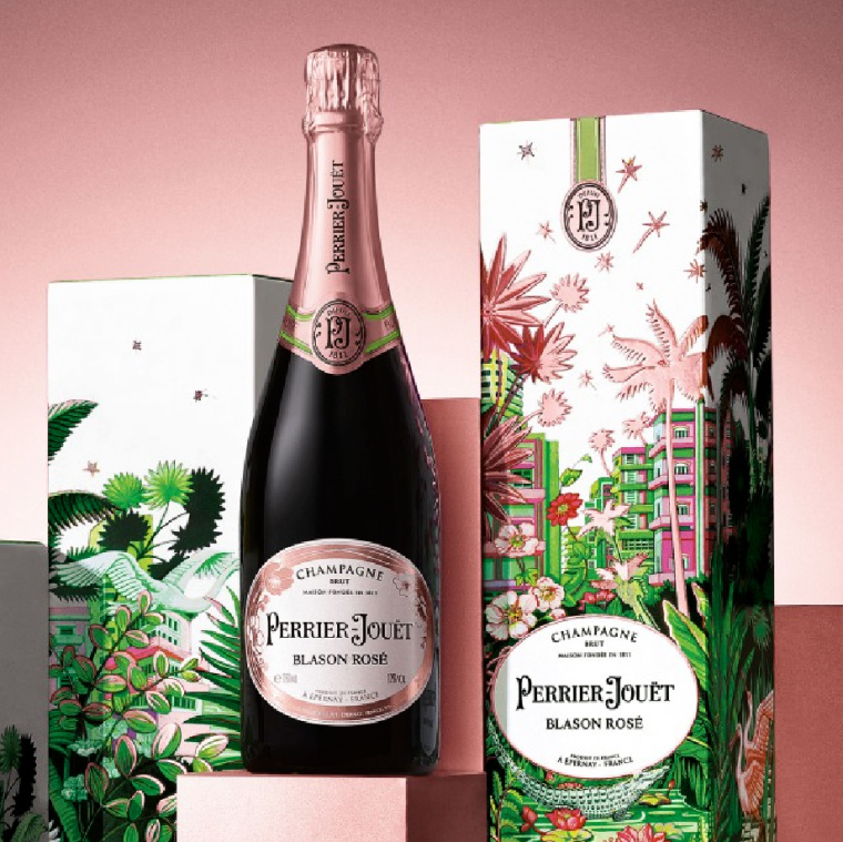 情人節禮盒 PERRIER-JOU?T玫瑰香檳包裝設計，熱帶雨林植物插畫設計