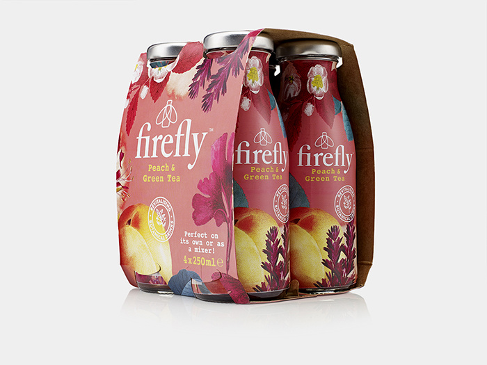 Firefly帶有翅膀的飲料包裝設計，配上帶狀線“活化植物”強化健康特性
