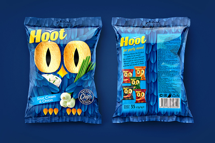 Hoot薯片貓頭鷹形象包裝設計，一雙貓頭鷹的大眼睛極具趣味性和情感性