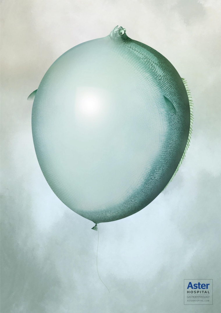 阿斯特醫院預防胃癌癌癥平面創意廣告策劃設計“膨脹的動物”-膨脹的魚