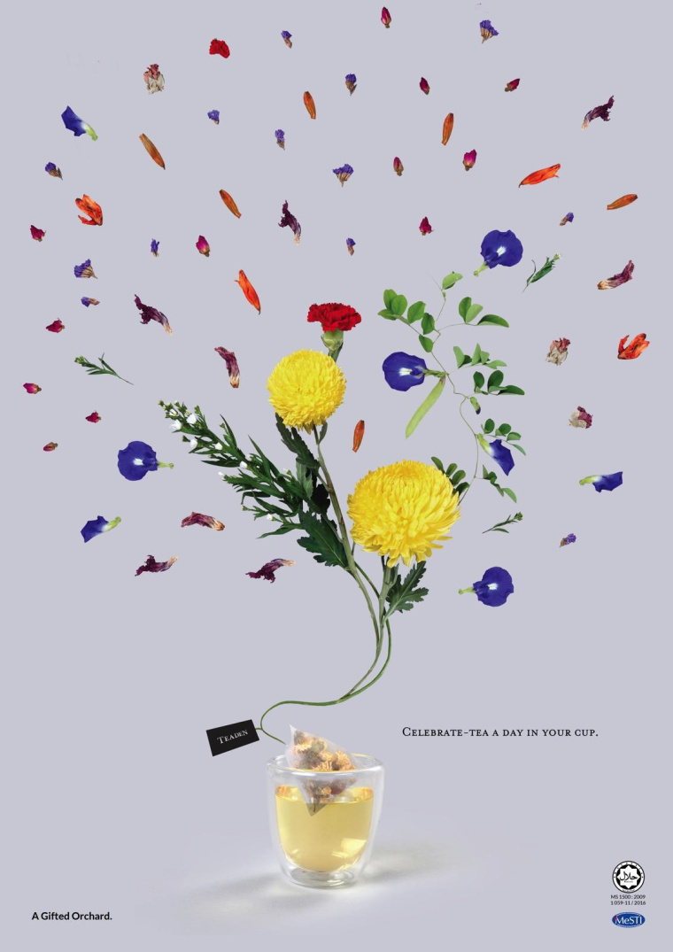 Teaden 袋泡茶平面創意廣告設計“在你的杯子里慶祝一天的茶”