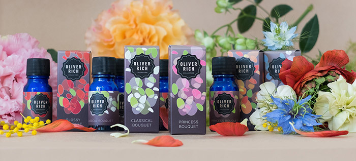 Oliver Rich 香薰精油油包裝設計，漂浮在空氣的抽象花瓣插畫設計