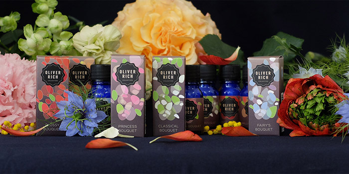 Oliver Rich 香薰精油油包裝設計，漂浮在空氣的抽象花瓣插畫設計