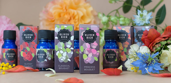 Oliver Rich 香薰精油油包裝設計，漂浮在空氣的抽象花瓣插畫設計