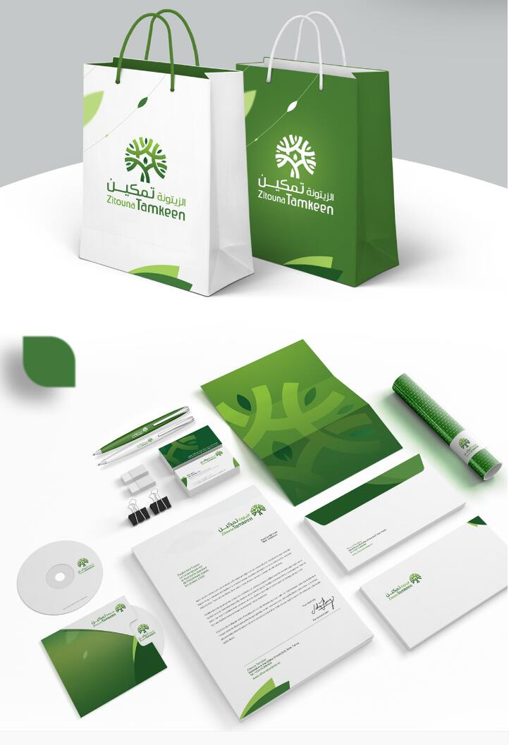 Zitouna橄欖油生產企業logo設計vi設計，橄欖樹、蠟燭、人與幾何圖形的結合