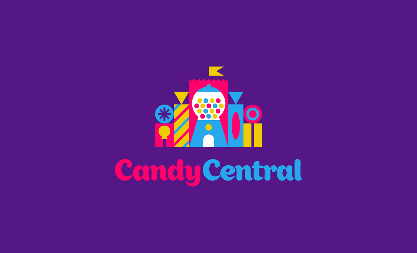 Candy central扁平化糖果包裝設計，糖果元素相融合與繪制可愛的卡通造型