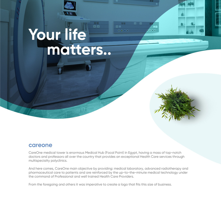 CareOne醫療機構品牌形象VI設計logo設計，藝術感醫生元素鑲嵌于旋轉字母C