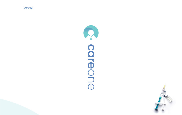 CareOne醫療機構品牌形象VI設計logo設計，藝術感醫生元素鑲嵌于旋轉字母C