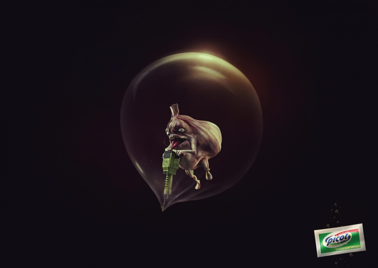 Picot泡騰抗酸劑藥品平面廣告創意設計，以夸張手法表現強大且持久-大蒜