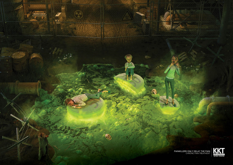 KKT骨科脊柱中心插圖式平面創意廣告設計“慢性疼痛的治療”