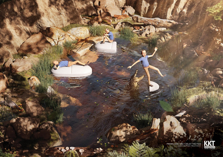 KKT骨科脊柱中心插圖式平面創意廣告設計“慢性疼痛的治療”