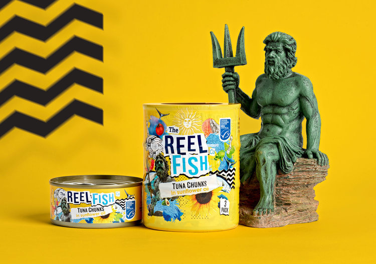 The Reel Fish 金槍魚罐頭包裝設計，大膽的配色和自由活潑的插圖