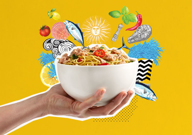 The Reel Fish 金槍魚罐頭包裝設計，大膽的配色和自由活潑的插圖