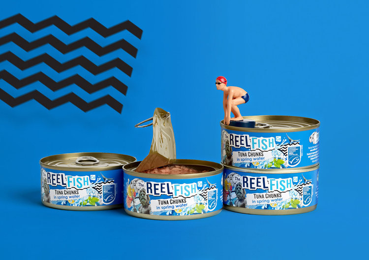 The Reel Fish 金槍魚罐頭包裝設計，大膽的配色和自由活潑的插圖