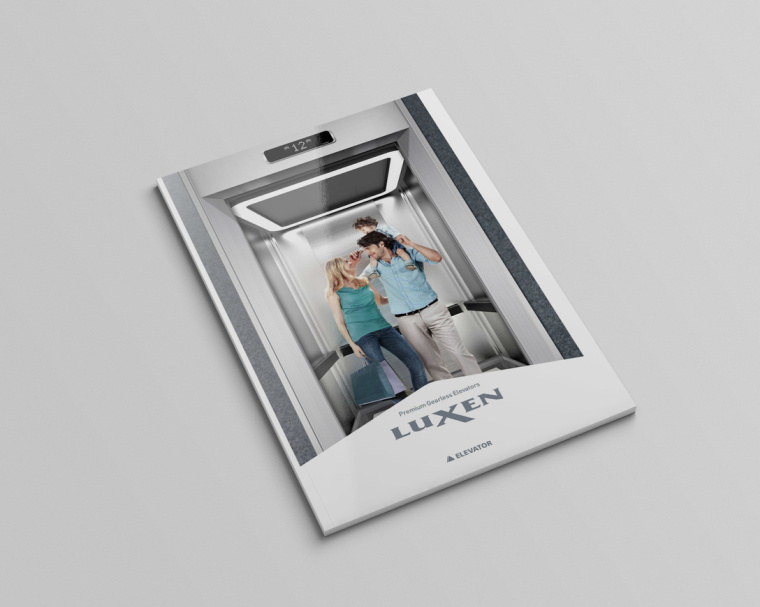 LUXEN電梯宣傳畫冊與產(chǎn)品樣本手冊設計，銀色工業(yè)科技風與生活感