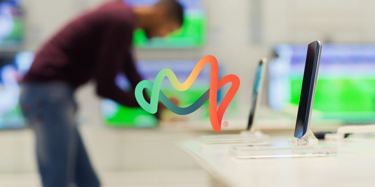 Mobu 手機及移動配件零售連鎖店品牌logo設計，動感的漸變色線條M字母logo