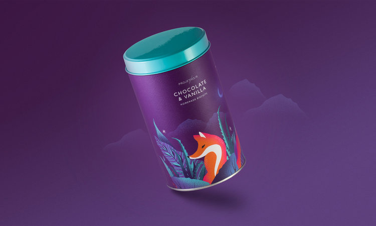 Noir 罐裝餅干禮盒包裝設計,非常美麗的藝術插畫（狐貍）