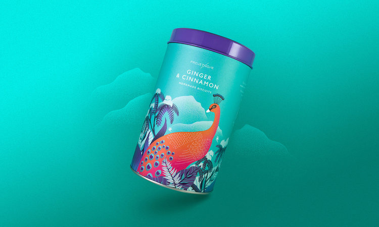 Noir 罐裝餅干禮盒包裝設計,非常美麗的藝術插畫（孔雀）