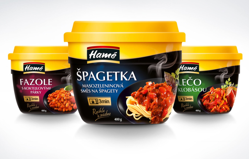 Hamé 即食餐即食菜包裝設計，采用收縮膜全面積彩印增強了包裝的獨特性