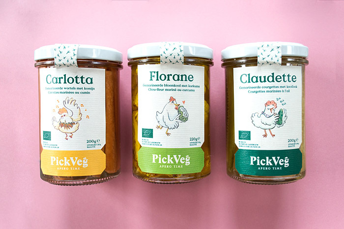 PickVeg 開胃咸菜泡菜休閑食品包裝設計，減輕生活壓力的小雞嘻哈插畫風格