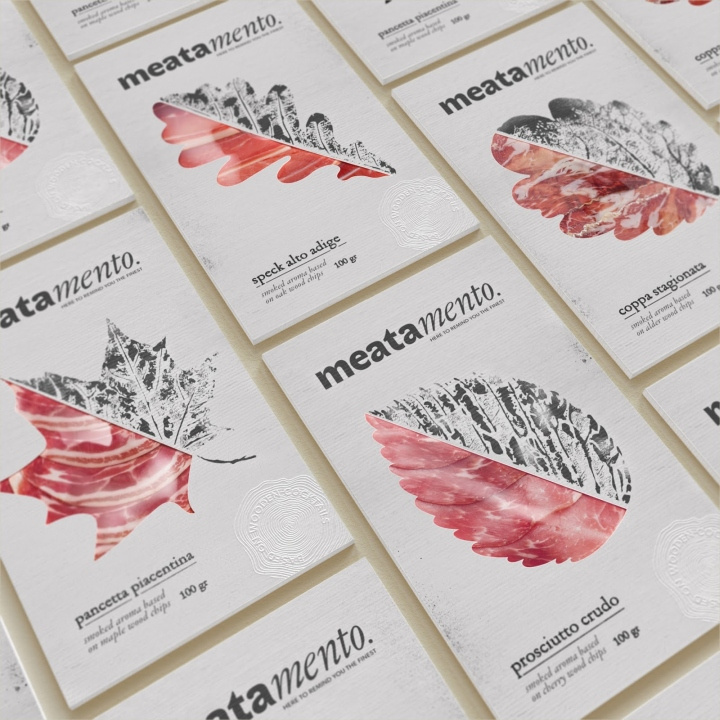 Meatamento熏肉包裝設(shè)計(jì)，采用葉子造型的開窗紙盒設(shè)計(jì)