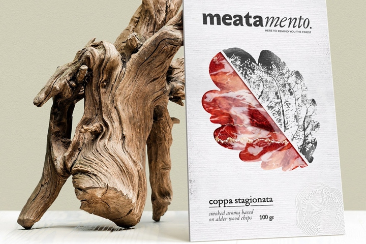 Meatamento熏肉包裝設(shè)計(jì)，采用葉子造型的開窗紙盒設(shè)計(jì)