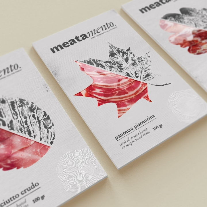 Meatamento熏肉包裝設(shè)計(jì)，采用葉子造型的開窗紙盒設(shè)計(jì)