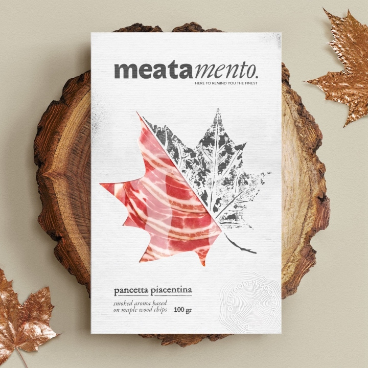 Meatamento熏肉包裝設(shè)計(jì)，采用葉子造型的開窗紙盒設(shè)計(jì)