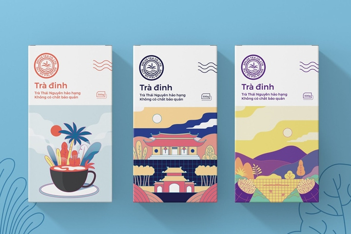 Dinh 茶葉包裝設計，扁平插畫藝術風格