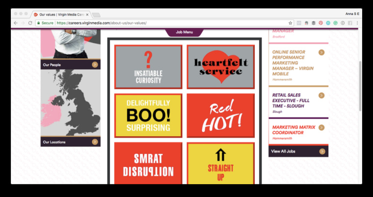 維珍傳媒的品牌價值是“提供真誠的服務，令人驚喜，火熱，直截了當，同時保持一種永不滿足的好奇心和創造智慧的顛覆性”