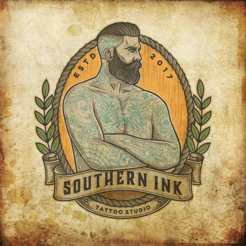 現代徽標logo設計-紋身的男子雙臂交叉向右看徽標logo