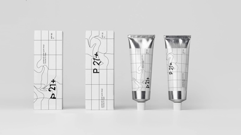 P21+防曬化妝品包裝設計，扭曲的線條寓意被太陽損傷的皮膚