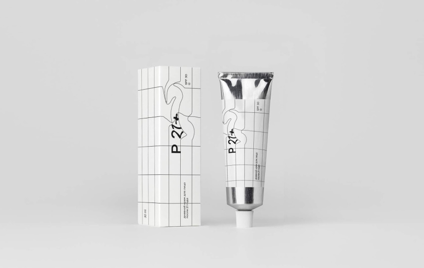 P21+防曬化妝品包裝設計，扭曲的線條寓意被太陽損傷的皮膚