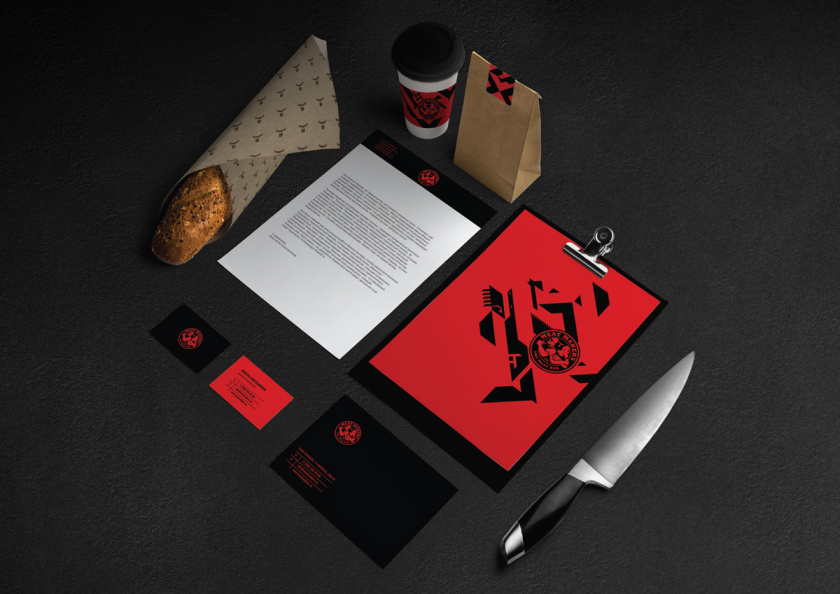 Meat Makers 肉食酒吧餐廳logo設計vi設計，兩個背靠背硬漢+小刀幾何元素