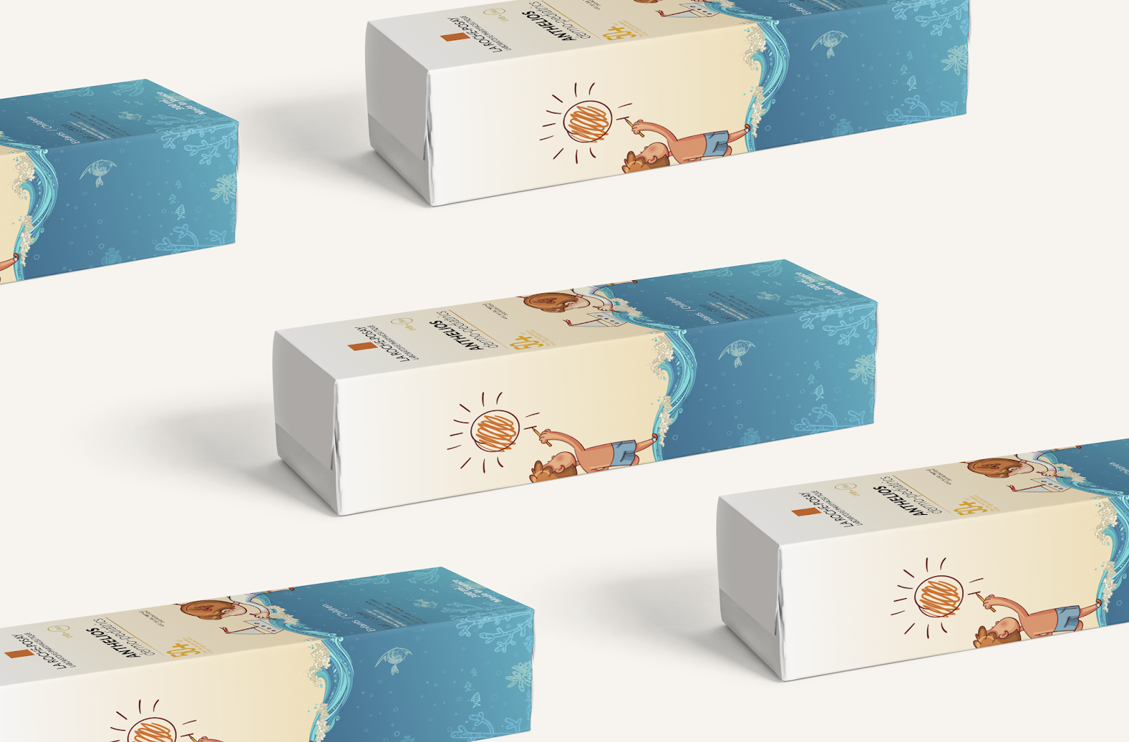 La Roche-Posay兒童防曬霜包裝設(shè)計(jì)，男孩女孩海灘嘻戲的插畫(huà)感覺(jué)